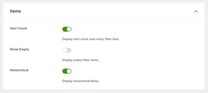 WPFilters' items settings