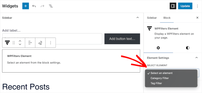 Selecting an element in the settings panel