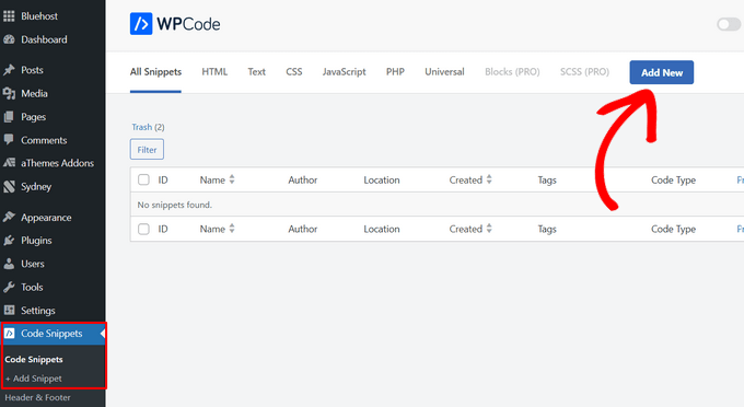Click 'Add New Snippet' in WPCode