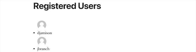 Ejemplo de lista de usuarios registrados
