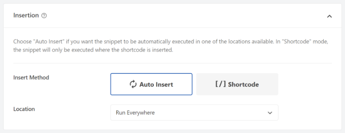 Select code insertion options Select the default Auto Insert method in WPCode