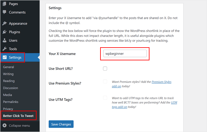 Impostazioni del plugin Better Click to Tweet Impostazioni del plugin Better Click to Tweet