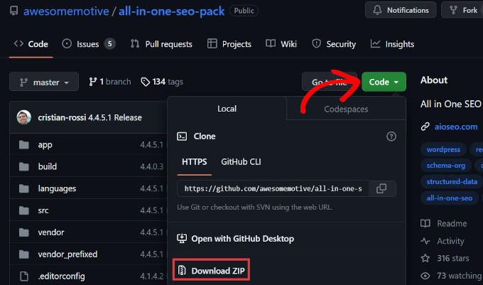 Download zip di GitHub