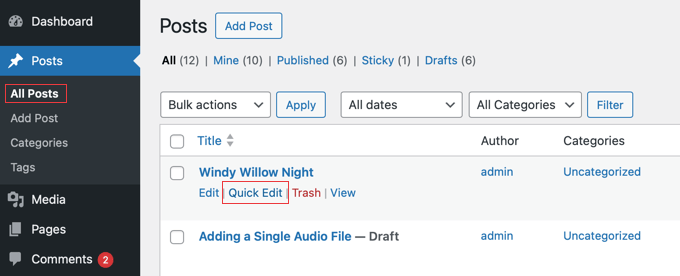 Click the Quick Edit Link Under the Post You Wish to Make Sticky