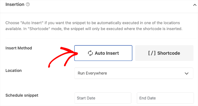 The default auto insert method in WPCode The default auto insert method in WPCode