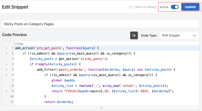 Toggle the WPCode Snippet to Active and Click Update