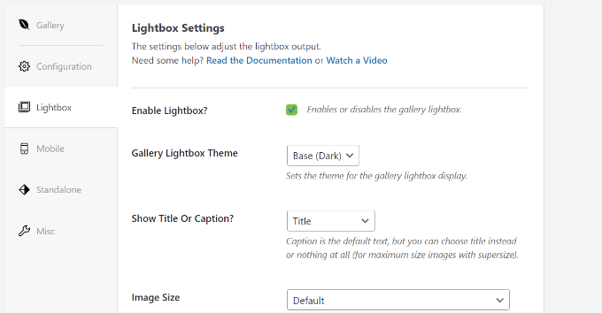 Lightbox settings for image gallery Lightbox settings for image gallery
