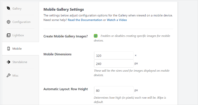 Mobile gallery settings Mobile gallery settings