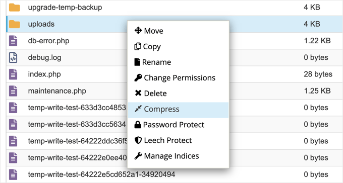 Compressing the Uploads Folder in the cPanel File Manager