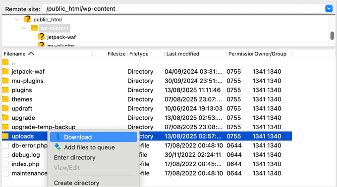 Using an FTP client like FileZilla to download the 'uploads' folder from the remote server.