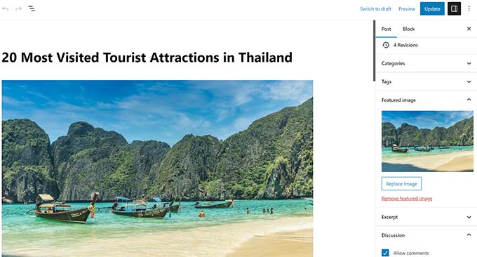 Imagen destacada insertada en el editor de publicaciones