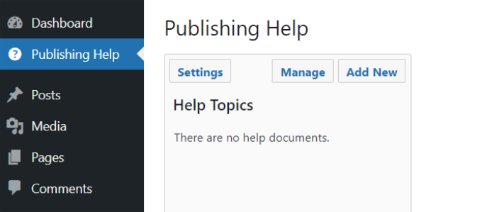 Main screen of WP Help plugin Publishing help admin menu