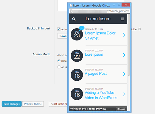 WP Touch Pro - Mobil tema önizlemesi