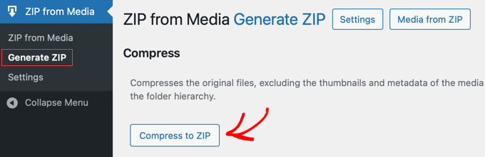 The Zip from Media plugin page with the 'Compress to ZIP' button.