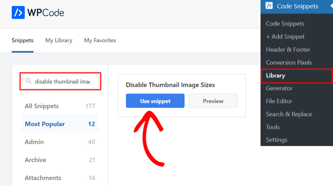 Search for the Disable Thumbnail Image Sizes snippet in the WPCode library Search for the Disable Thumbnail Image Sizes snippet in the WPCode library