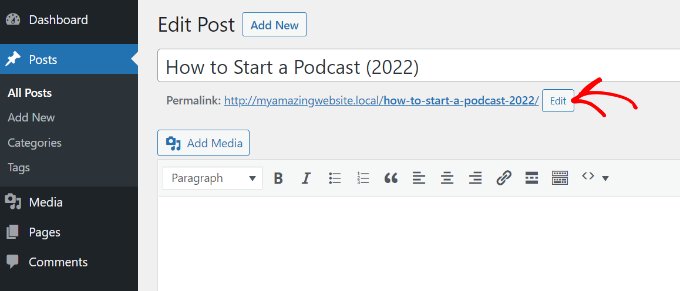 Modifica slug del post nell'editor classico