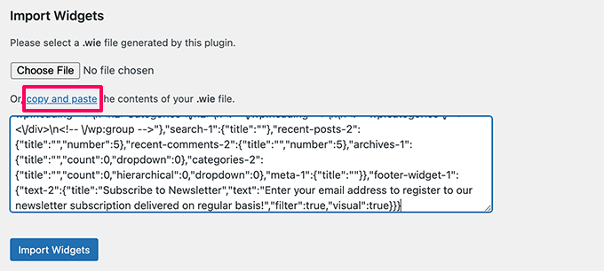 Importera widgetinställningar manuellt