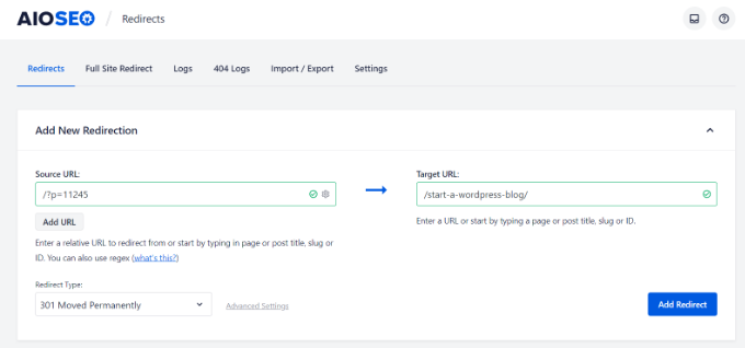 Imposta il reindirizzamento in AIOSEO