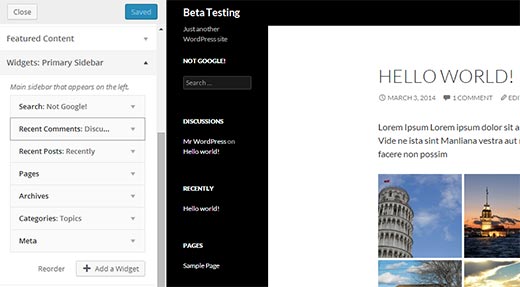 Aperçus de widgets en direct dans le personnaliseur de thème