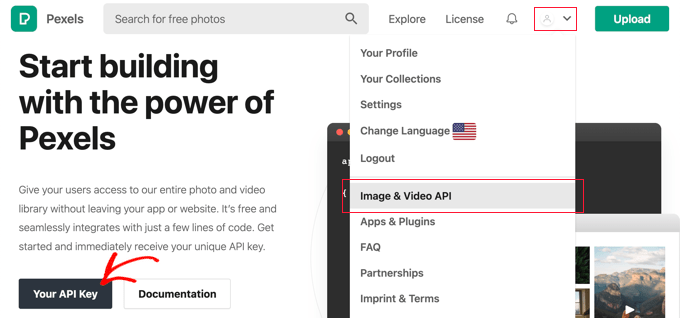 Välj 'Images & Video API' från användarmenyn och klicka sedan på knappen 'Your API Key'