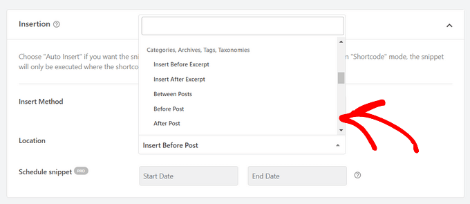 Ubicaciones adicionales de auto-inserción en WPCode