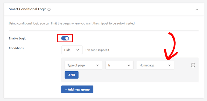 Usa la lógica condicional de WPCode para limitar las páginas donde aparece el anuncio