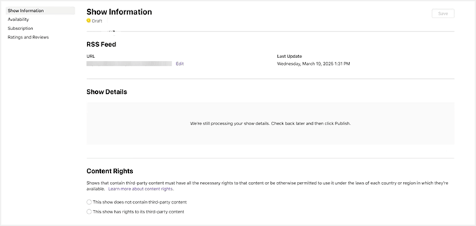 Add info for your podcast in Apple Connect