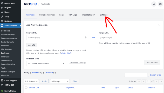 AIOSEO のリダイレクトパネルの「設定」タブ