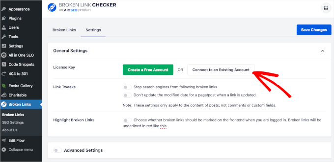AIOSEOの壊れたリンクチェッカーでアカウントを接続する