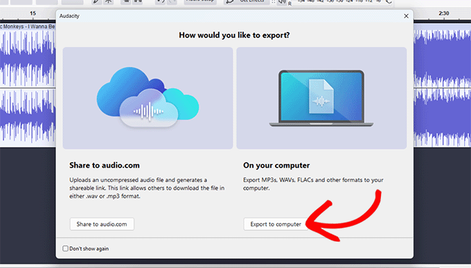 Click Export to computer button in Audacity