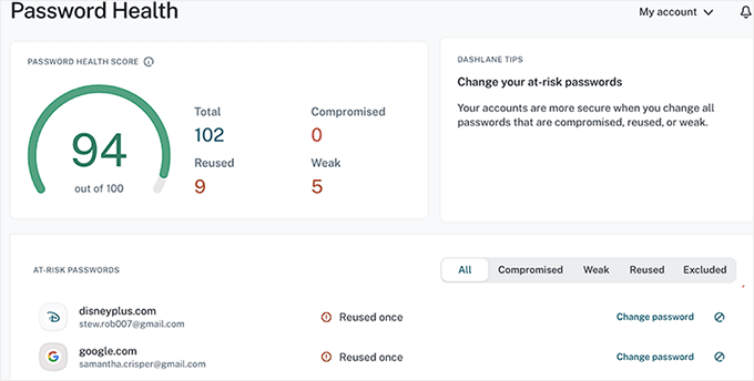 Punteggio di salute password Dashlane Punteggio di salute password Dashlane