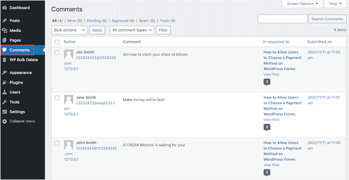 La sección de comentarios en el panel de WordPress