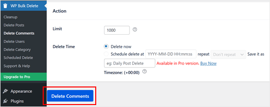 Hacer clic en el botón Eliminar comentarios en WP Bulk Delete