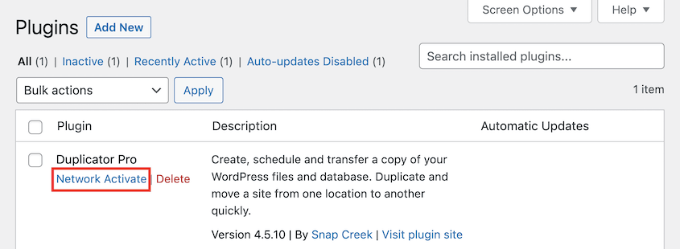Network Activating the Duplicator Plugin Network Activating the Duplicator Plugin