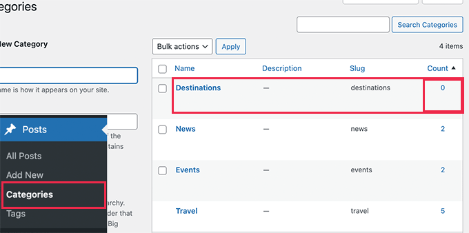 Leere Kategorien ohne Beiträge