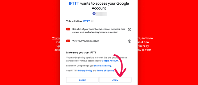 Allow IFTTT access to YouTube account Allow IFTTT access to YouTube account