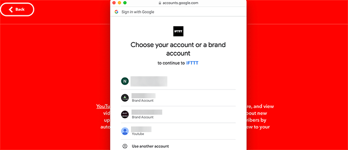 IFTTT select YouTube account to connect IFTTT select YouTube account to connect