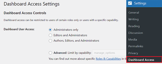 Limit the dashboard access settings Limit the dashboard access settings