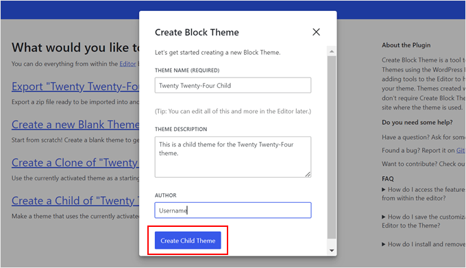 Inserting the child block theme's information in the Create Block Theme plugin Inserting the child block theme's information in the Create Block Theme plugin