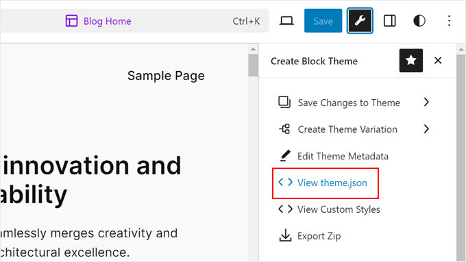 Clicking to view the theme.json file in the Create Block Theme plugin Clicking to view the theme.json file in the Create Block Theme plugin