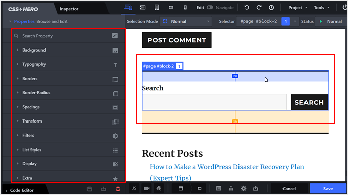 Clicking on a search widget in CSS Hero Clicking on a search widget in CSS Hero
