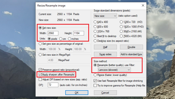 Resizing images to make them larger in Irfanview Change resize image settings