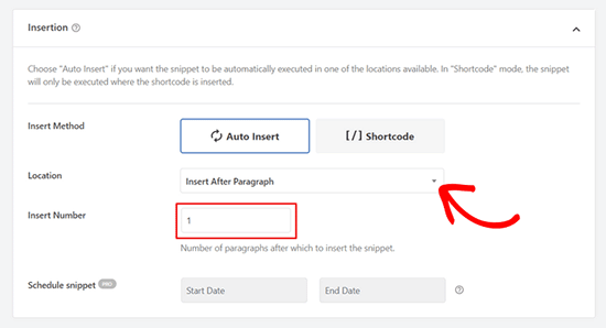段落の後に自動挿入を選択して、投稿コンテンツ内に広告を挿入します