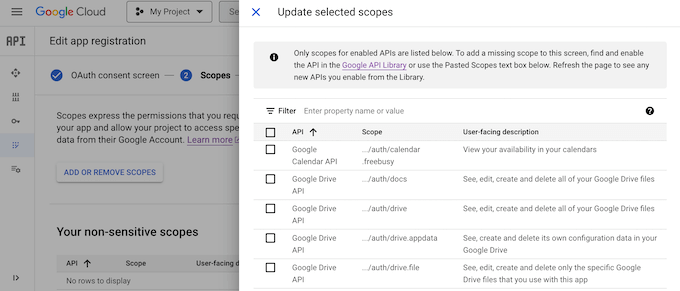 Adicionando escopos e APIs a um projeto do Google Cloud Console Adicionando escopos e APIs a um projeto do Google Cloud Console