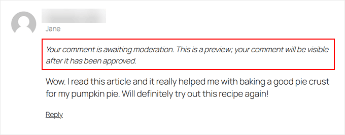 Un exemple de commentaire WordPress en attente de modération Un exemple de commentaire WordPress en attente de modération
