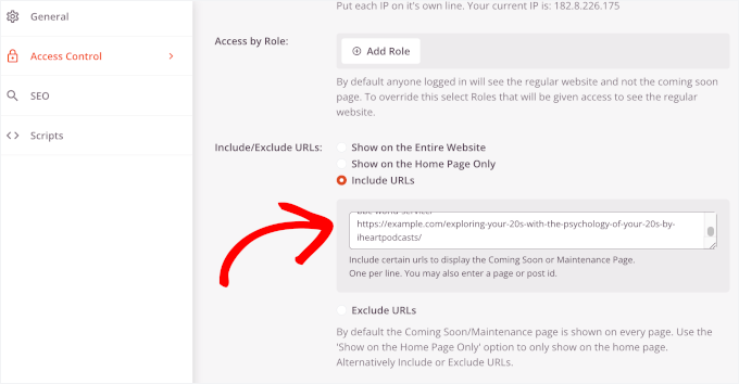 Aggiunta di URL da nascondere dietro la pagina "Coming Soon"