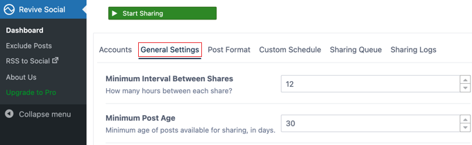 Configure Revive Social's general sharing settings