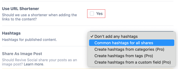 URL shortener and hashtags settings