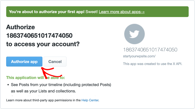 Authorizing X to access the Revive Social plugin