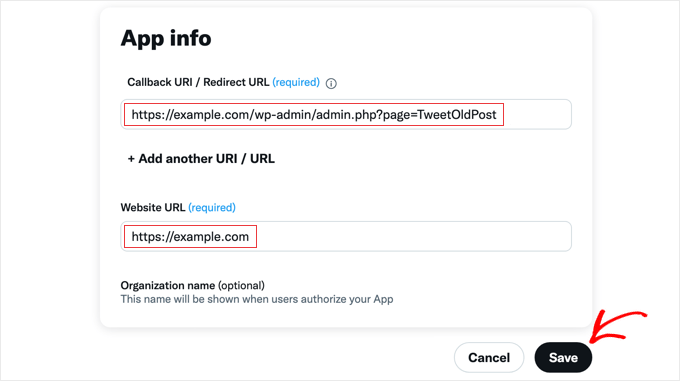 Inserting the redirect URL and website URL for the X app